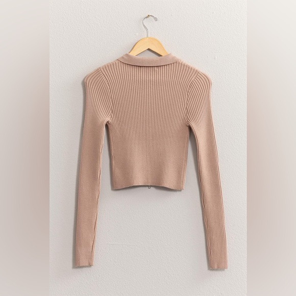 13B. Ribbed Double Zip Cardigan Top Taupe - Picture 3 of 7